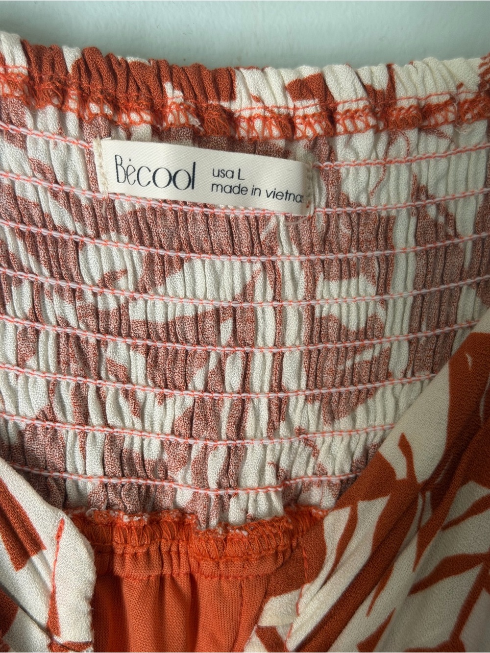 Bécool Tropical Leaf Print Smocked Maxi Dress Orange Cream Size Large - Picture 3 of 9